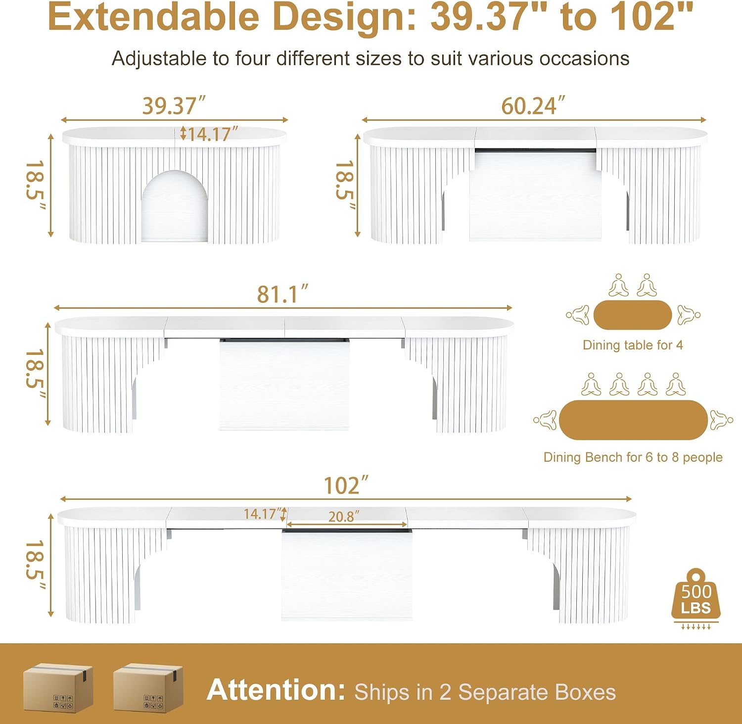 AF ARTISAN FURNITURE Oval Extendable Dining Bench, Extendable MDF (39"-102"), Seats 1-4, Space-Saving Design for Kitchen & Dining, Simple Installation(White)