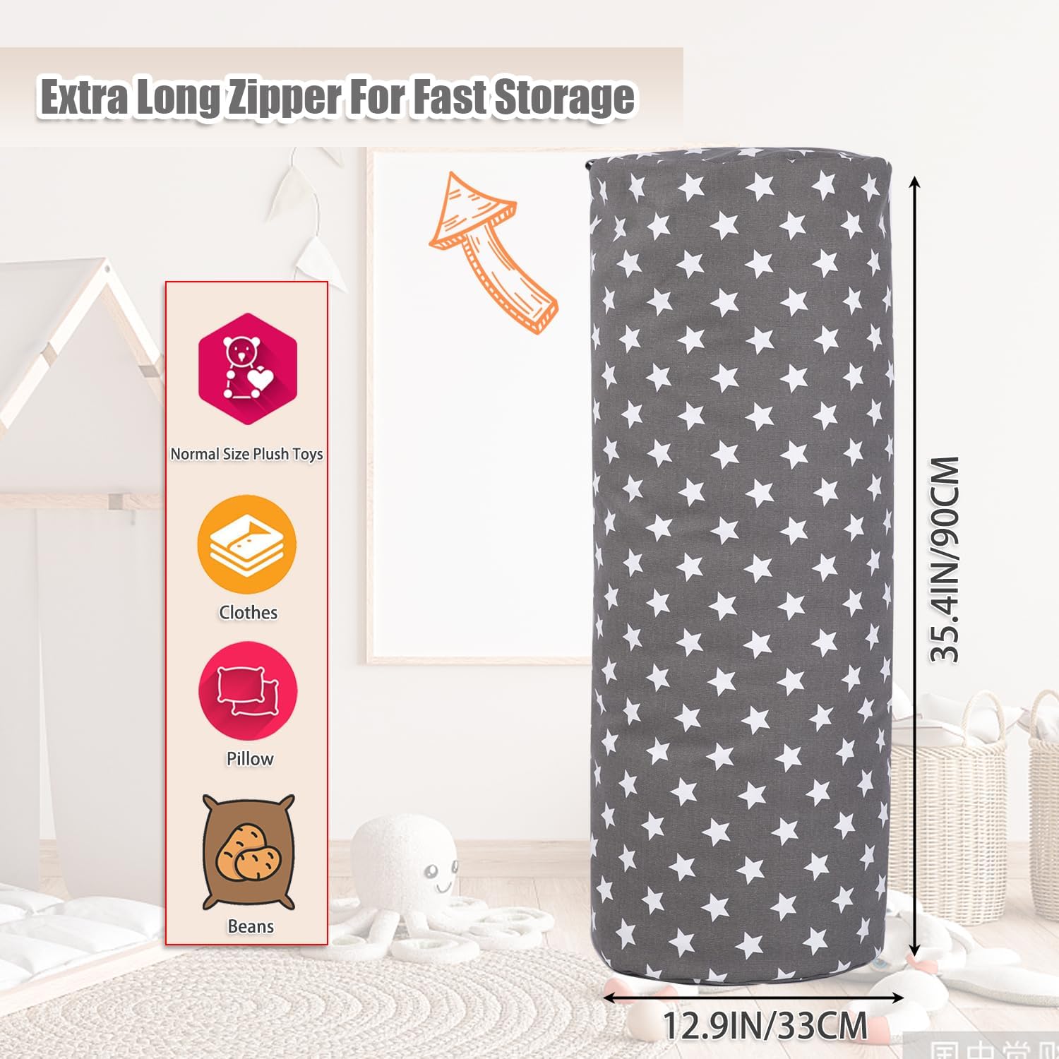 Stuffed Animal Storage Bean Bag Chair Cover (No Filler), Cylinder Plush Toy Storage Stuff and Sit Seat for Kids Boys and Girls, Canvas Large Soft Sit & Play Sofa with YKK Zipper