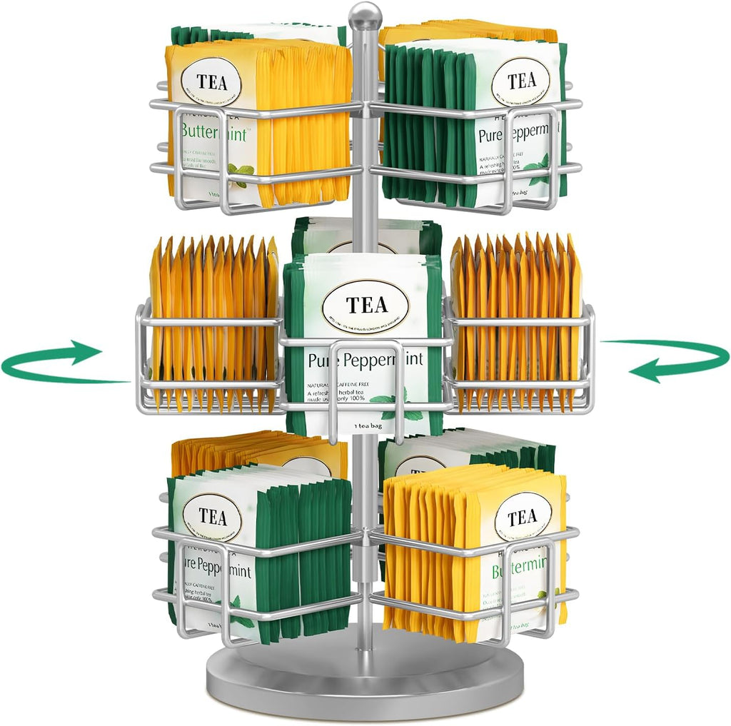 EsLuker.ly Tea Bag Holder Organizer for Counter, 3 Tier Metal Silver | Teabag Storage Rack, Spinning Carousel Packet Display Stand, Tea Organizer Station with Easy Access for Kitchen Office