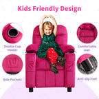 Kids Recliner, Toddlers Kids Recliner Chair with Cup Holder, Ergonomic Adjustable Velvet Lounge Chair with Footrest & Side Pockets, Toddlers Baby Sofa for Boys Girls Bedroom (Rose Pink)