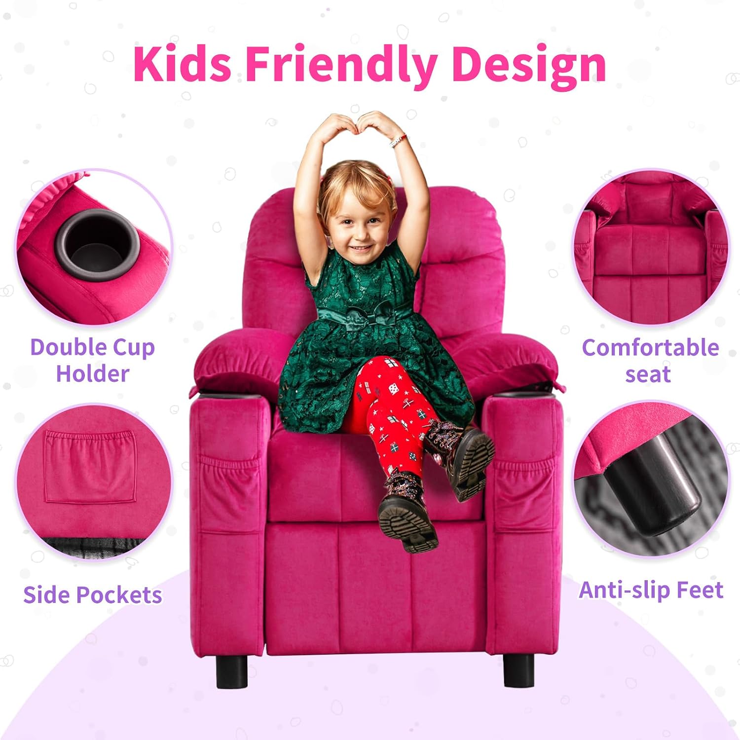 Kids Recliner, Toddlers Kids Recliner Chair with Cup Holder, Ergonomic Adjustable Velvet Lounge Chair with Footrest & Side Pockets, Toddlers Baby Sofa for Boys Girls Bedroom (Rose Pink)