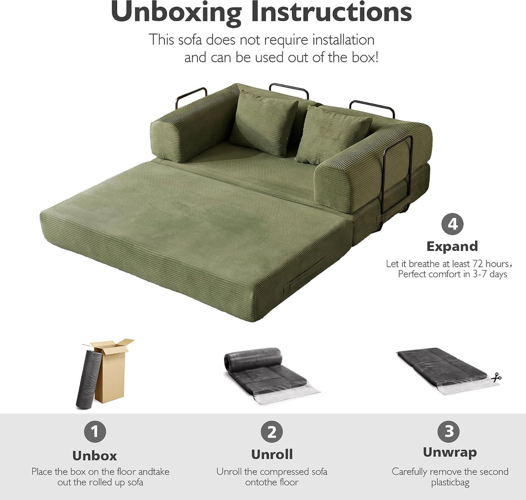 59in Convertible Sofa Bed, Corduroy Boneless Couch Bed, Futon Sleeper Sofa Pull Out Bed, Foldable Couch for Living Room Apartment, No Assembly Required