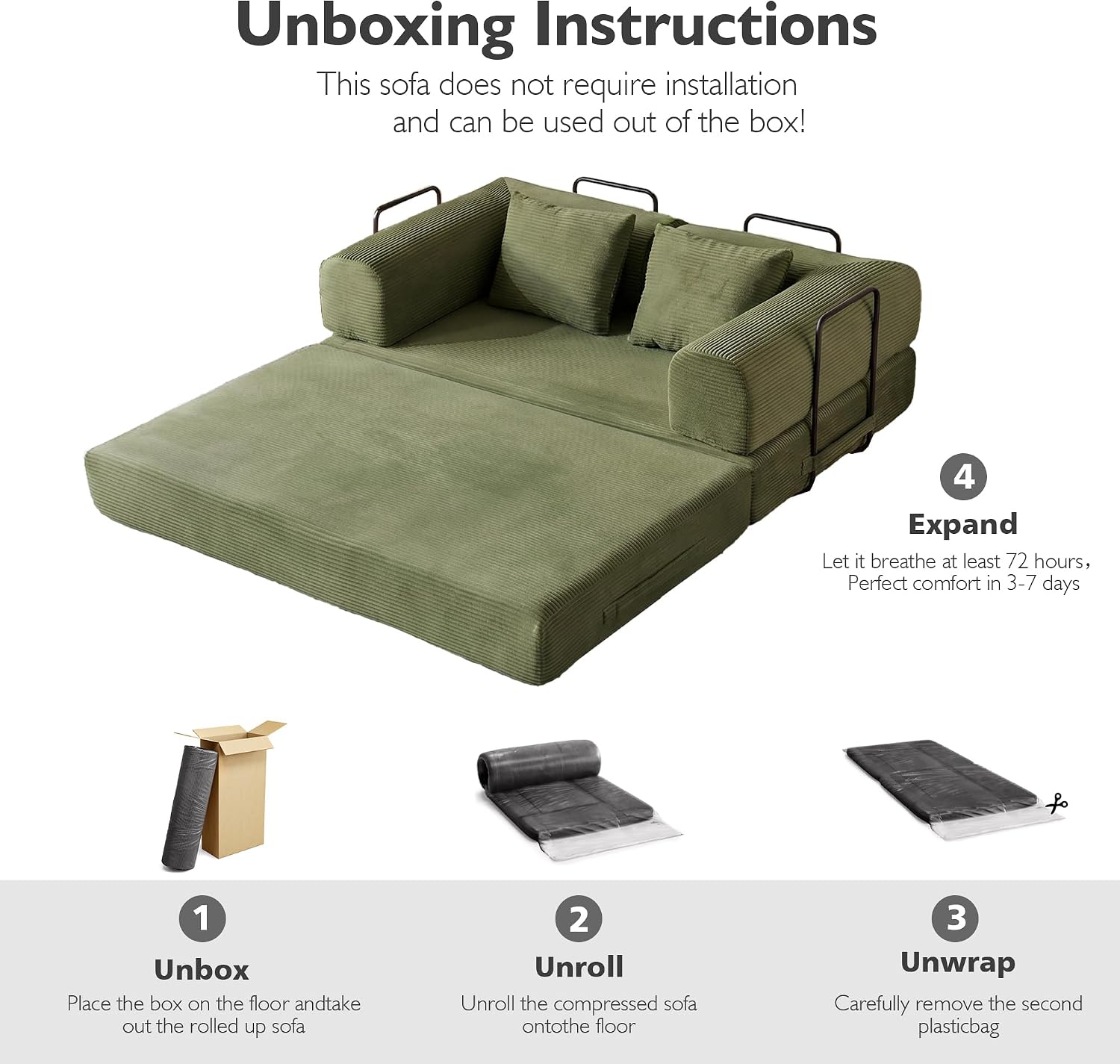 59in Convertible Sofa Bed, Corduroy Boneless Couch Bed, Futon Sleeper Sofa Pull Out Bed, Foldable Couch for Living Room Apartment, No Assembly Required