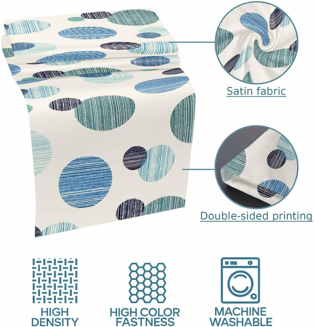 Abstract Geometric Bed Runner Bedding Decorative Scarf for Fits Cal King Bed, Farmhouse Vintage Polka Dot Teal Blue Luxury Fine Print Foot Throw with Satin for Hotels Homes, Guest Rooms, 102" x 20"