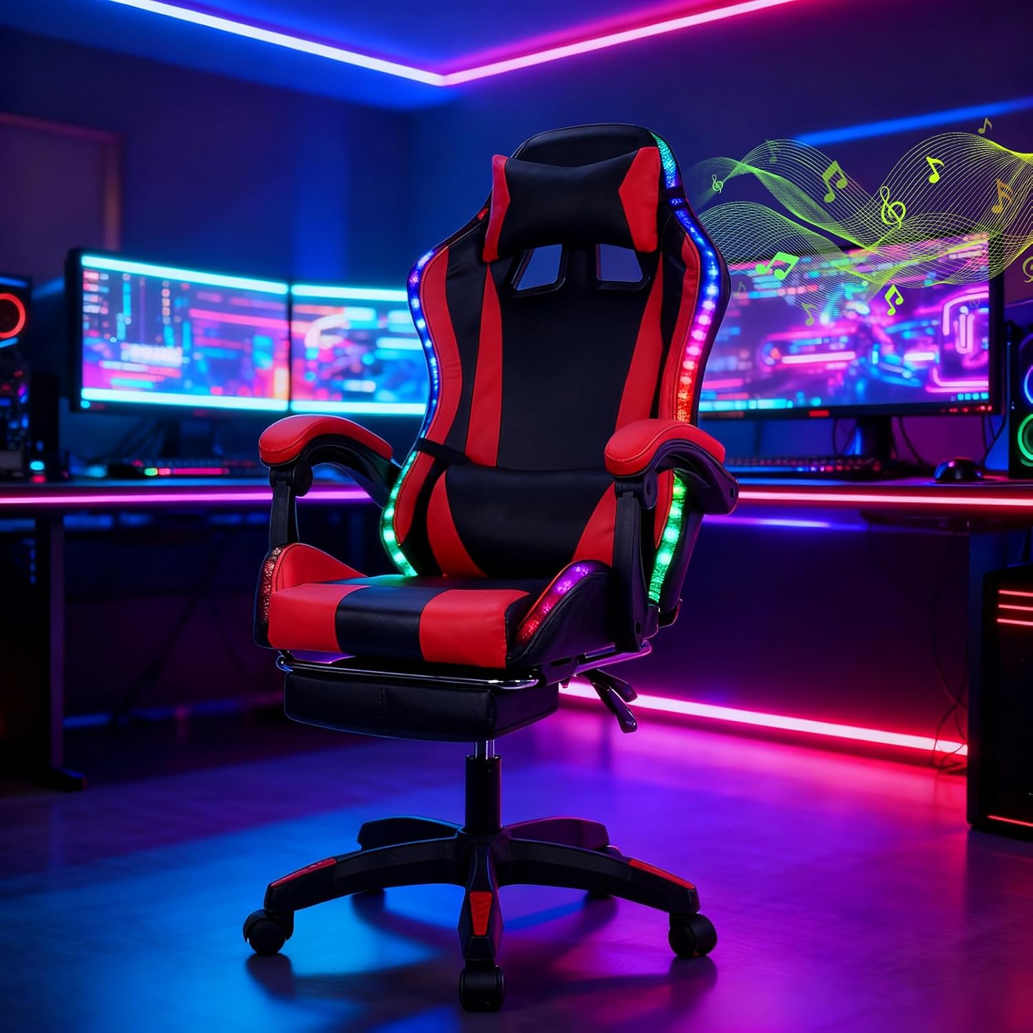 Gaming Chair, Video Game Chair with LED Light, Ergonomic Massage Computer Chairs Height Adjustable with 360° Swivel Seat and Headrest(US Fast Arrival) Black & Red