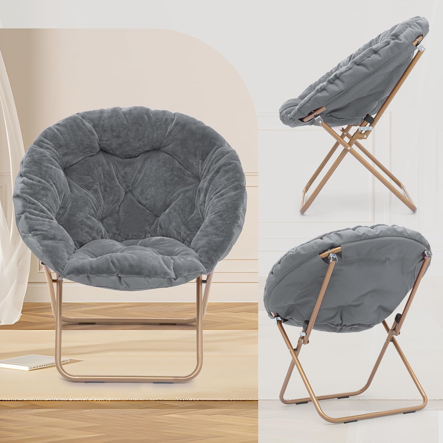 Athena Collection Round Saucer Chair with Ottoman Set for Adults, Oversize Comfy Cozy Faux Fur Folding Reading Chair with Metal Leg Lazy Relaxing for Living Room Bedroom Dorm Apartment, Grey