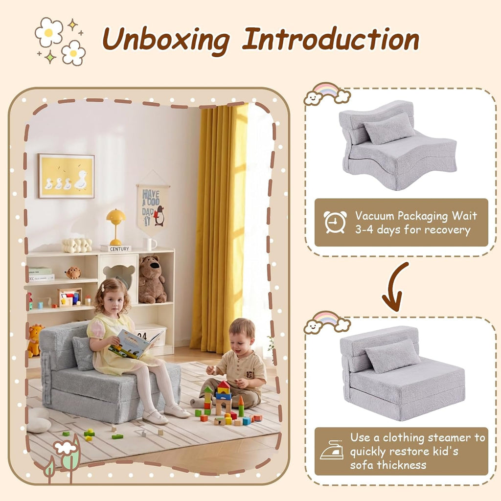 Folding Sofa Bed Mattress for Kids with Pillow, Toddler Washable Folding Floor Mat for Daycare, Child Fold Up Sofa Futon Chair Bed with Storage Bag for Playroom, Camping, Girls and Boys, Grey
