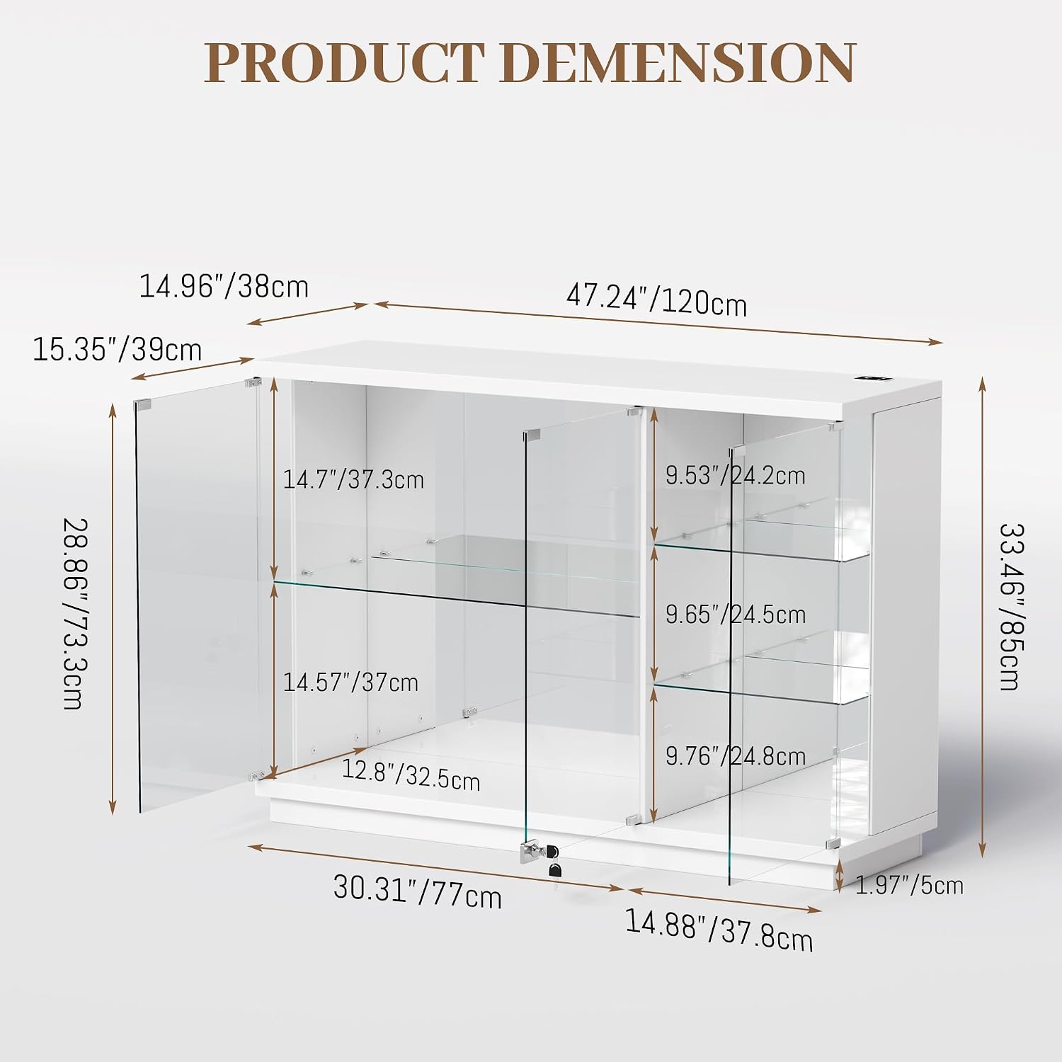 Gurexl 47.2" W Glass Display Cabinet with 3-Color LED Lights, 5-Tier Lockable Curio Cabinet with Human Body Sensor & Charging Station, Display Case for Collectibles, Living Room, Kitchen, White