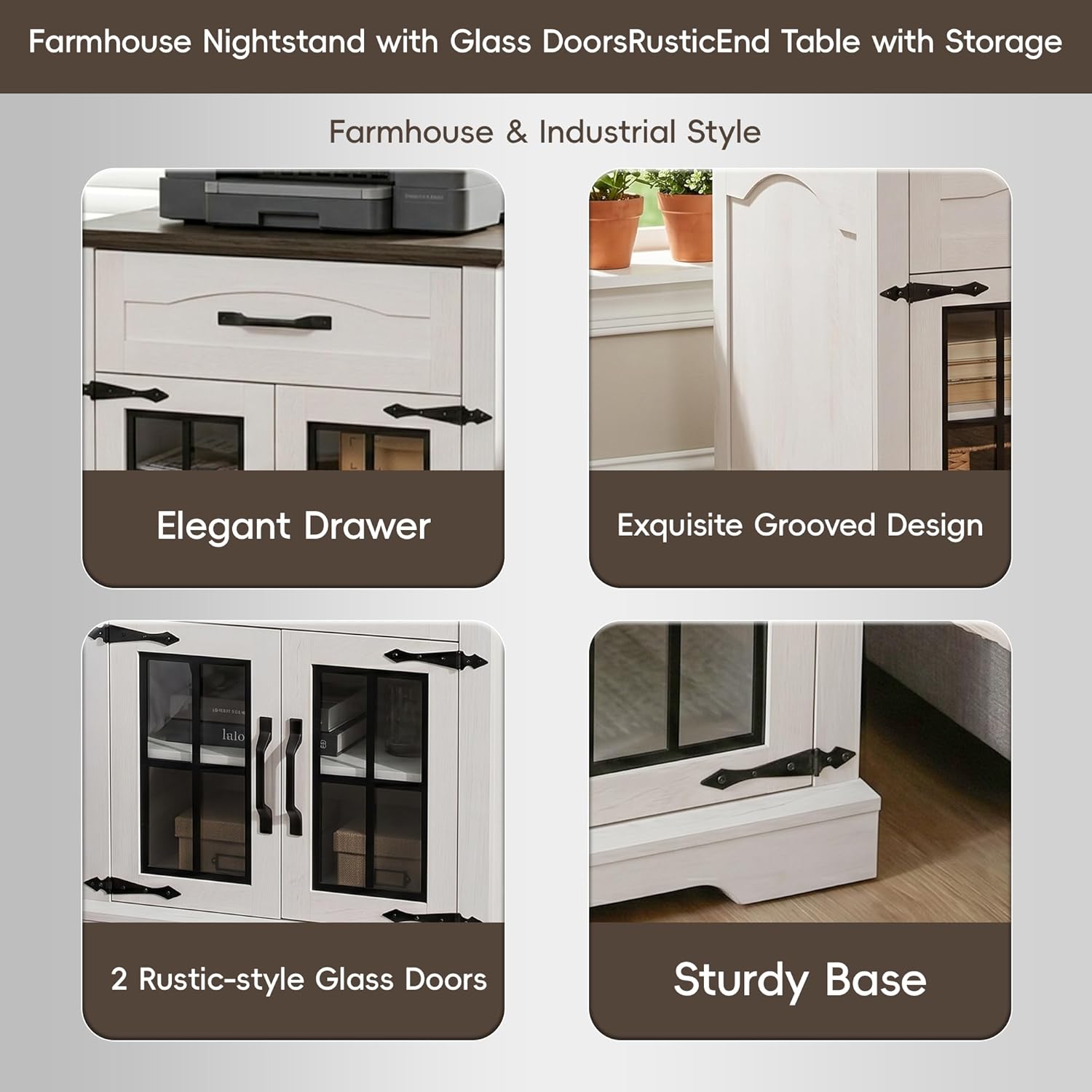 Farmhouse End Table Set of 2 with Charging Station,24'' Side Table with Drawer and Door for Living Room,Rustic Wooden Square Nightstand for Bedroom,Bedside Table with Storage for Home, Off White
