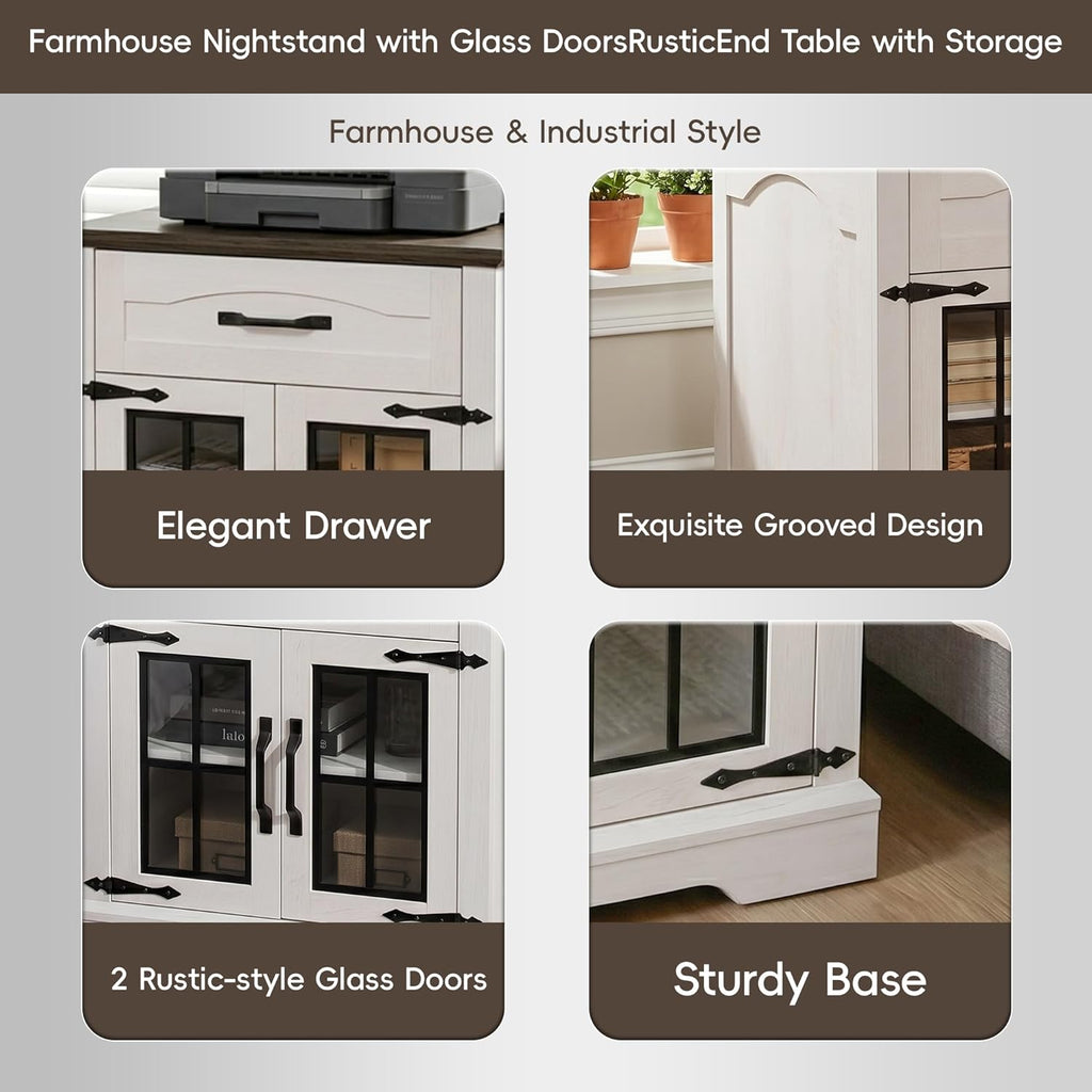 Farmhouse End Table Set of 2 with Charging Station,24'' Side Table with Drawer and Door for Living Room,Rustic Wooden Square Nightstand for Bedroom,Bedside Table with Storage for Home, Off White