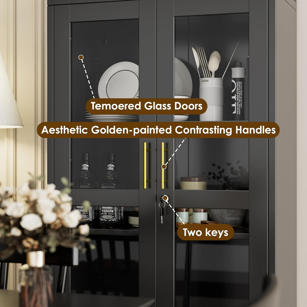 72.8" Tall Display Cabinet with Glass Doors, Metal Arched Cabinet with 2 Adjustable Shelves & Lock, Freestanding Curio Storage Cabinet for Home, Assembly Required, Black