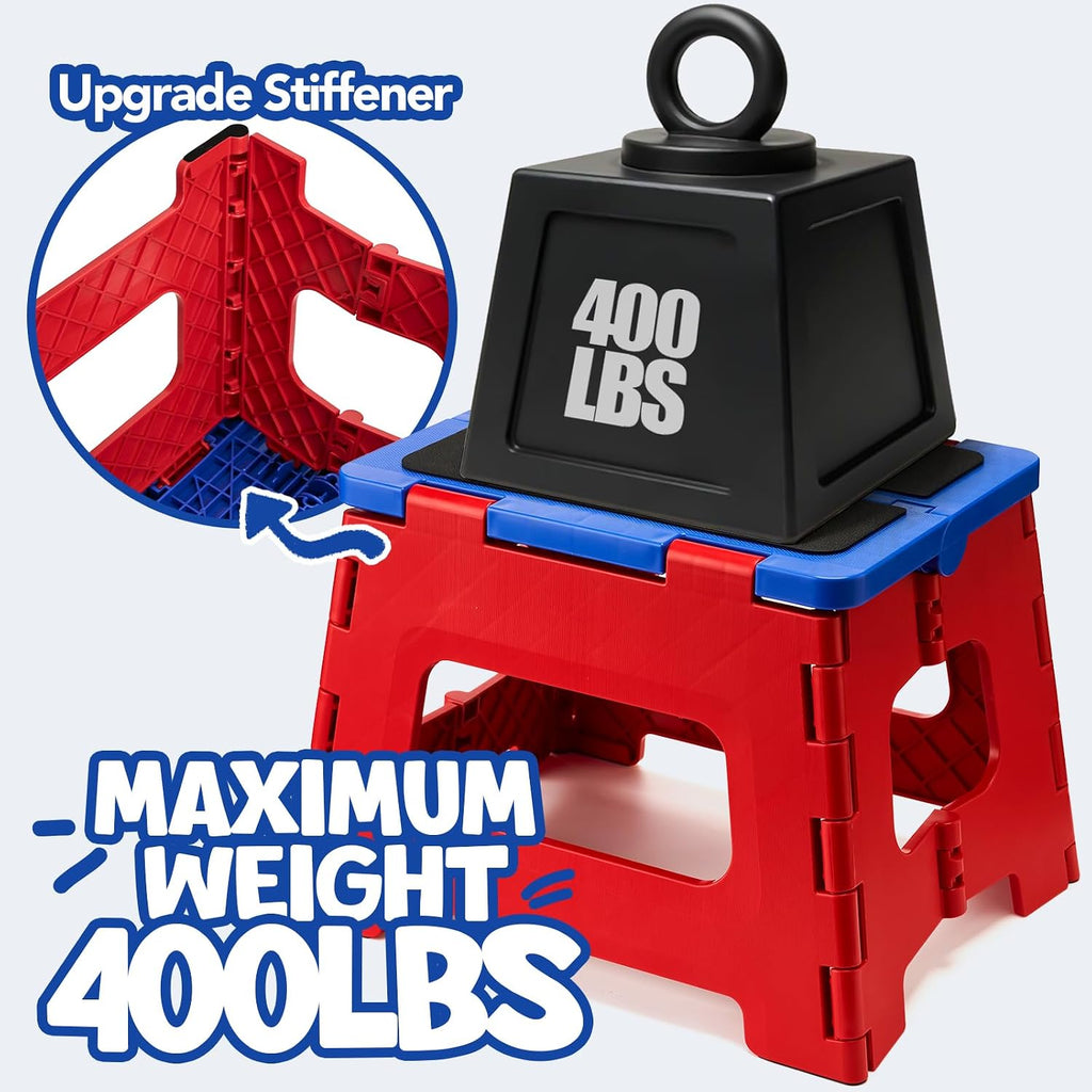 Delxo 9 Inch Kids Step Stool,400Lbs Folding Step Stool for Toddler Red+Blue | Toddler Foot Stool,Includes 3 Letter Stickers & 2 Non-Slip Grip Pads, Sturdy Compact Collapsible Stool for Kitchen, Bathroom