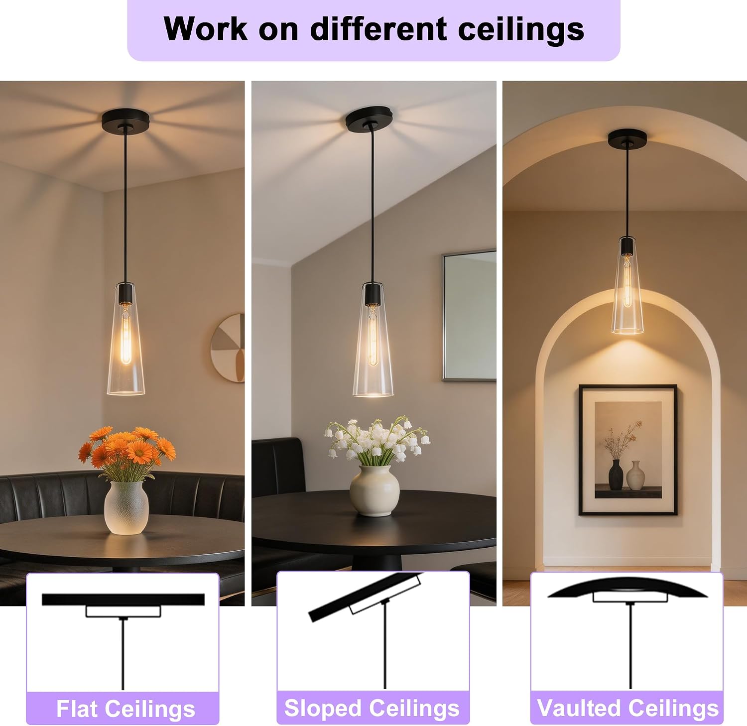 Modern Glass Pendant Lights Kitchen Island, Dimmable Black Pendant Light Fixtures 1 Pack, Adjustable Farmhouse Hanging Light Fixture with Clear Glass Shades for Hallway Dining Room