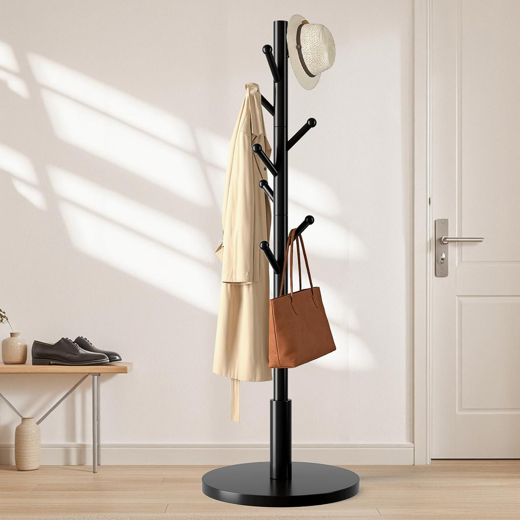 Coat Rack Freestanding Wooden Coat Tree Stand with 8 Round-tip Hooks, 3 Adjustable heights Coat Hat Rack for Entryway,Bedroom,Hallway,Office (Black)