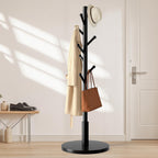 Coat Rack Freestanding Wooden Coat Tree Stand with 8 Round-tip Hooks, 3 Adjustable heights Coat Hat Rack for Entryway,Bedroom,Hallway,Office (Black)