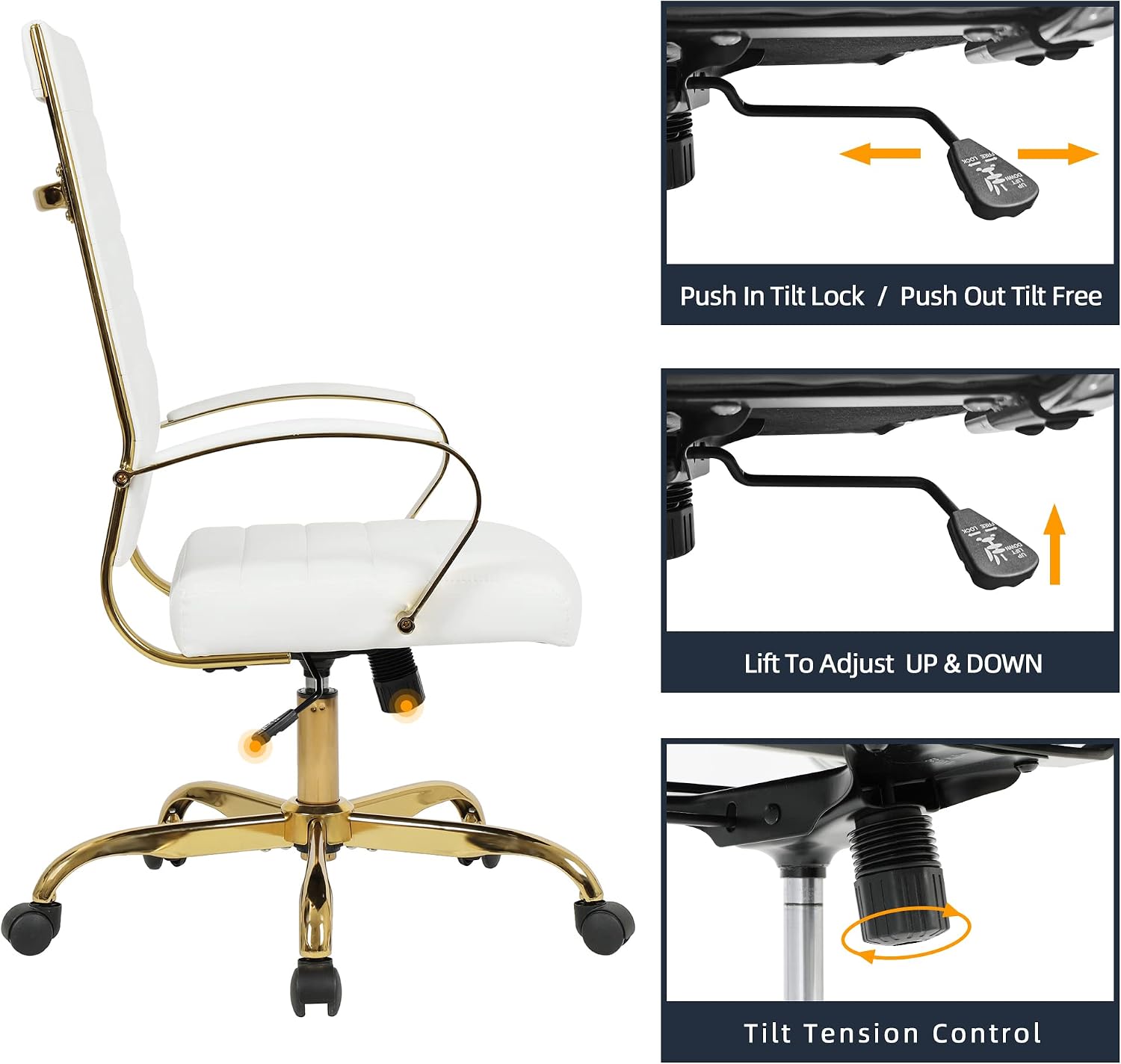 LANDSUN Home Office Chair High Back Executive Chair Ribbed PU Leather Computer Desk Chair with Armrests Soft Padded Adjustable Height Swivel Conference Gold Frame White