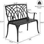 Bonnlo 38" Outdoor Bench, Aluminum Garden Bench with Orchid Patten, Anti-Slip Entryway Bench 1-2 Person Seat for Patio, Lawn, Backyard (Black)