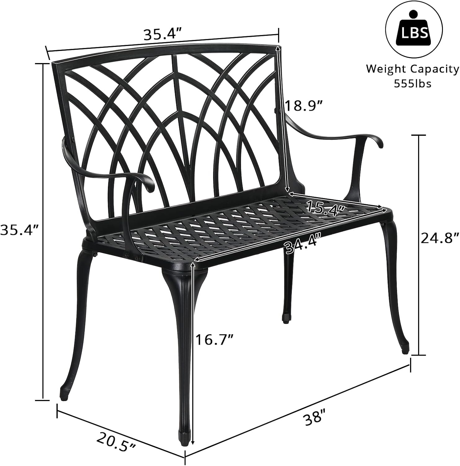 Bonnlo 38" Outdoor Bench, Aluminum Garden Bench with Orchid Patten, Anti-Slip Entryway Bench 1-2 Person Seat for Patio, Lawn, Backyard (Black)