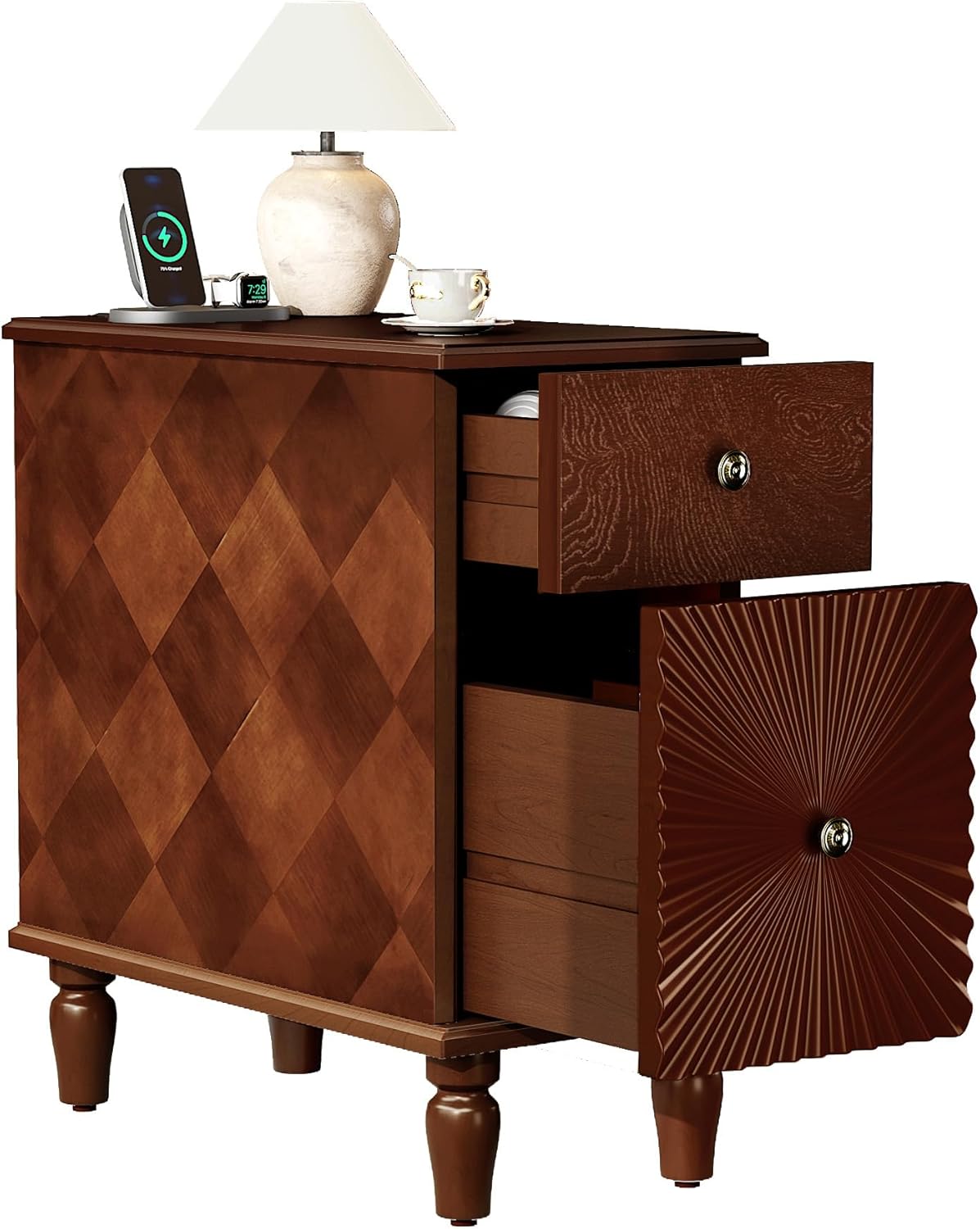 Narrow End Table with Charging Station, Slim Side Table with Drawers for Small Spaces, Long Nightstand with Storage, Traditional Small Bedside Cabinet for Living Room/Bedroom/Corner, Walnut