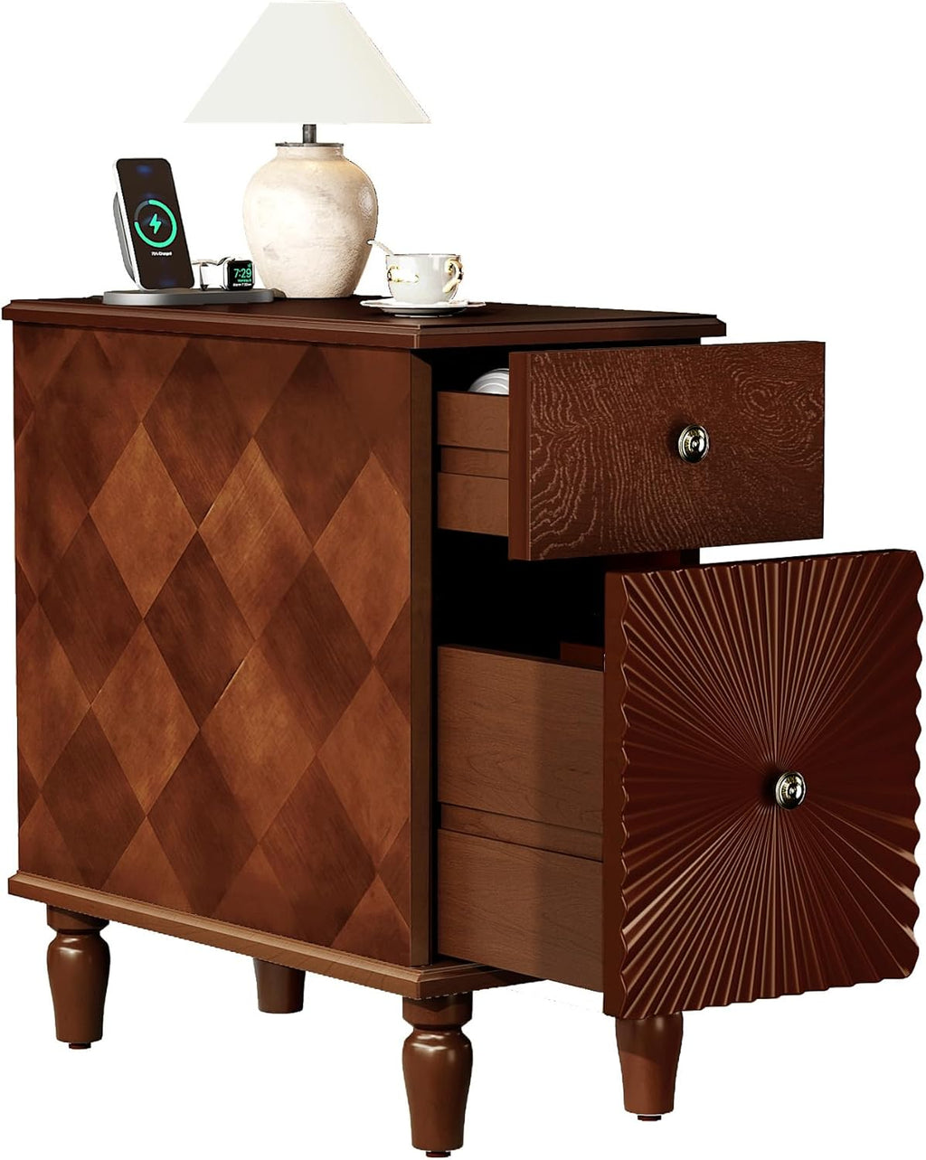 KEIKI Narrow End Table with USB Ports & Outlet, Wooden 2 Drawer Sofa Side Table, Small Corner Nightstand Bedside Tables, Coffee Drink Table for Living Room & Bedroom, Easy Assembly, Brown