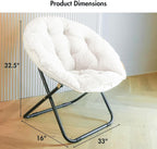 Comfy Faux Fur Saucer Chair for Adults, Foldable Moon Chair with Metal Frame, Soft Padded Lounge Chair for Bedroom, Dorm & Gaming, Large Cozy Circle Chair for Teens & Adults (Off-White)