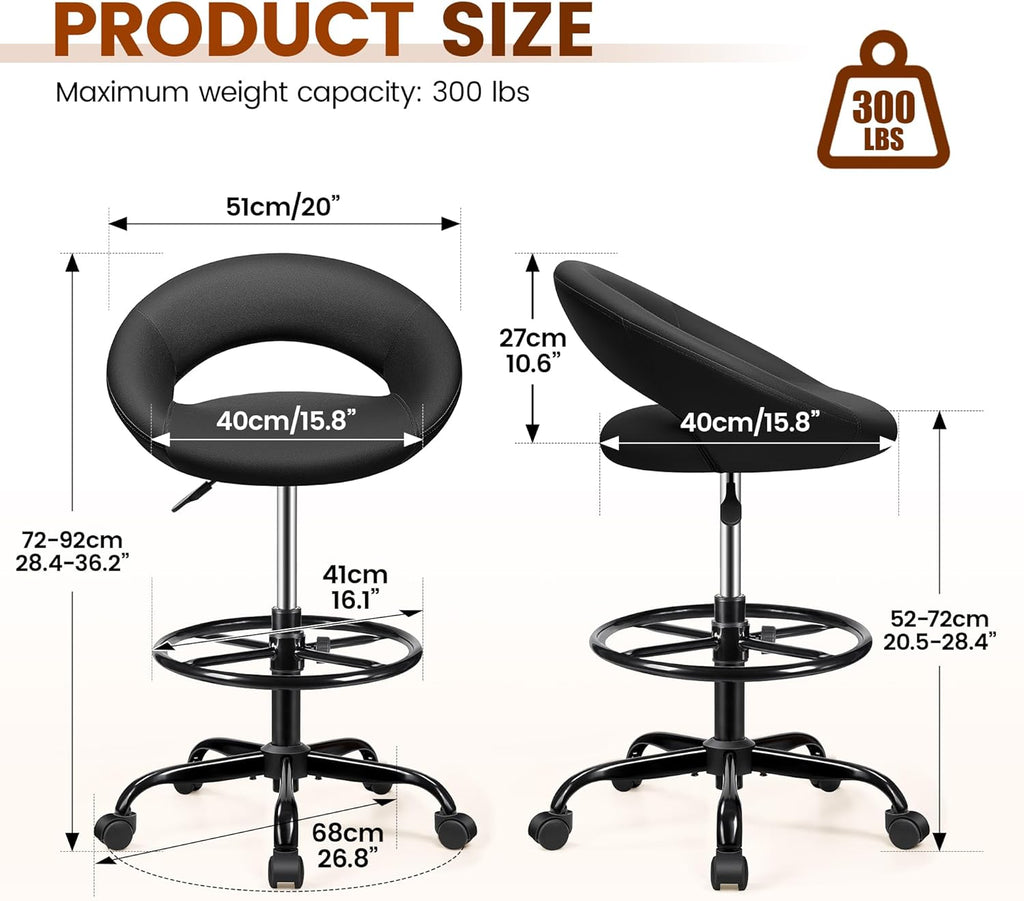 Ergonomic Drafting Chair for Standing Desk, Height Adjustable Rolling Stool with Foot Rest, Tall PU Leather Chair with Wheels and Back Support for Home Office Kitchen Counter, Black