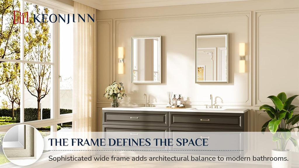 Keonjinn 20" x 30" Brushed Nickel Bathroom Mirrors for Over Sink, Silver Vanity Mirror for Wall, Thick Metal Framed, Beveled Edge Tempered Glass, Modern Farmhouse Rectangle Mirror for Bathroom Decor