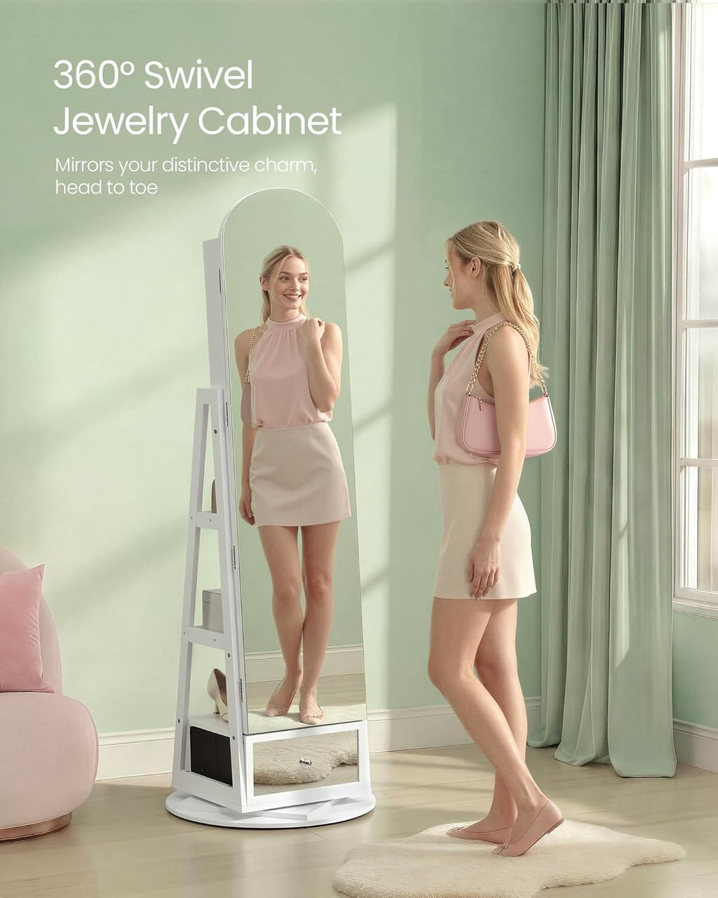 SONGMICS 360° Swivel Jewelry Cabinet, Full-Length Arched Mirror with LED Lights, Magnifying Mirror, Storage Shelves, Drawer, Cloud White UJJC030WB01
