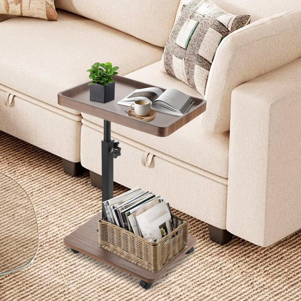 C Table End Table Adjustable Height, 360° Swivel Bed End Tables with Wheels, C Shaped Side Tables TV Tray Sofa Table for Small Spaces，Side Tables Living Room and Bedroom for Sofa, Bed,Chair