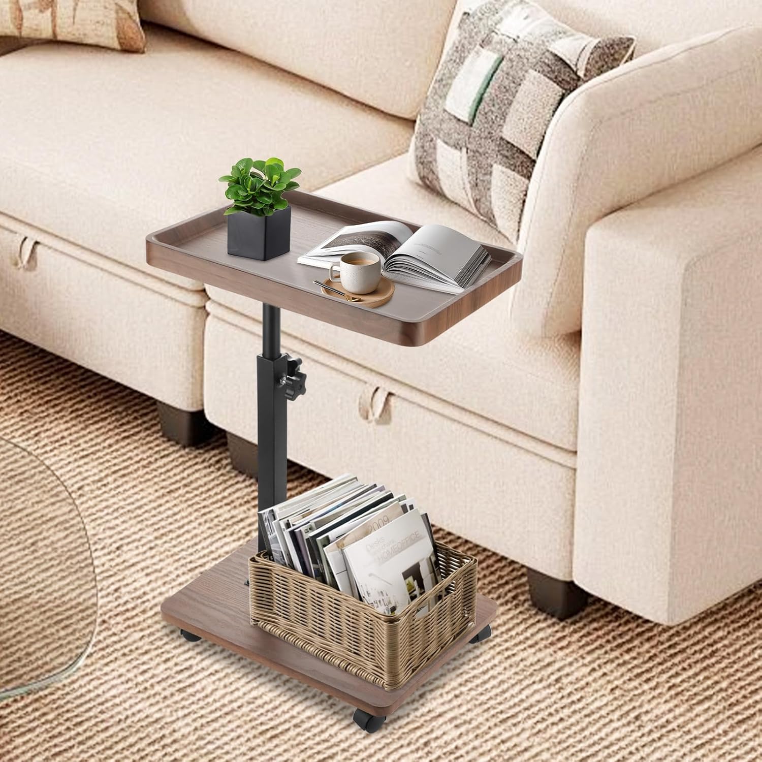 C Table End Table Adjustable Height, 360° Swivel Bed End Tables with Wheels, C Shaped Side Tables TV Tray Sofa Table for Small Spaces，Side Tables Living Room and Bedroom for Sofa, Bed,Chair