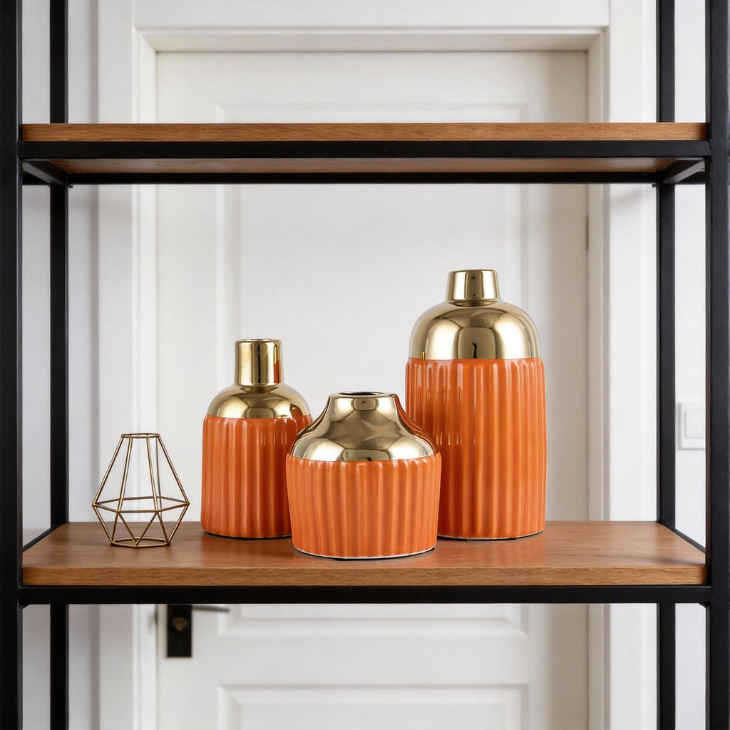 Orange Gold Ceramic Vase 3-Piece Set, Modern Geometric Decorative Vases, Small Ceramic Vases for Home Decor, Suitable for Dining Table, Shelf, Entryway Table, Fireplace, and Foyer Table Decor.