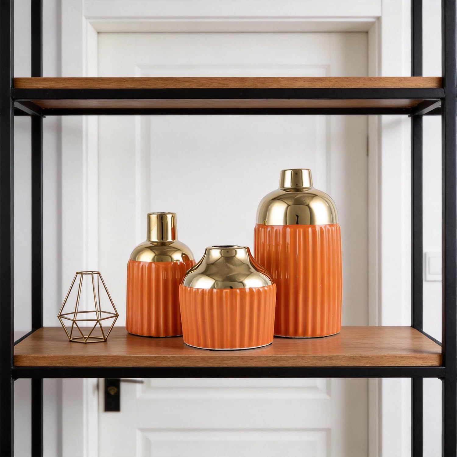 Orange Gold Ceramic Vase 3-Piece Set, Modern Geometric Decorative Vases, Small Ceramic Vases for Home Decor, Suitable for Dining Table, Shelf, Entryway Table, Fireplace, and Foyer Table Decor.
