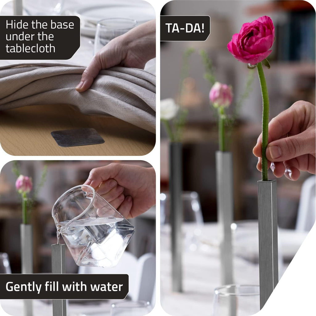 PELEG DESIGN Magnetic Bud Vase Set (Silver) - Unique Home Decor Gift & Modern Table Centerpiece - 10 Aluminum Single Stem Vases - 9.4" Tall Gravity Defying Decor