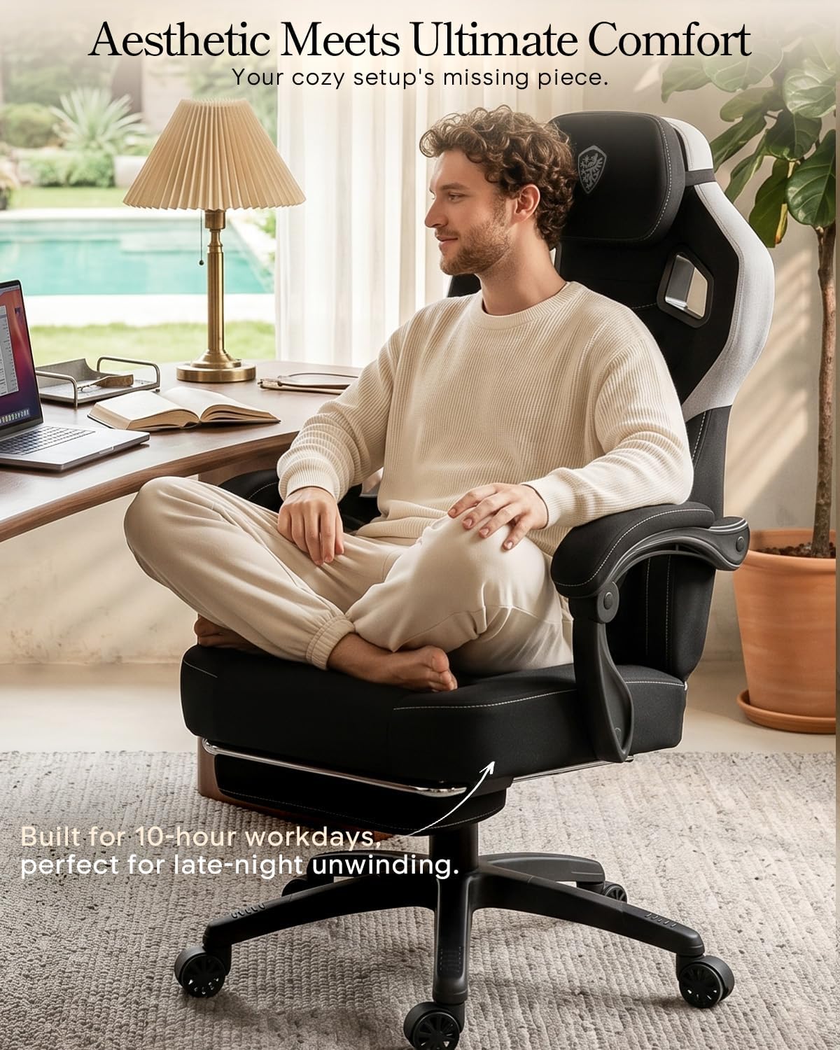 Dowinx Big and Tall Gaming Chair with Footrest, Black | Breathable woven fabric with lumbar support and extra-wide seat back; big-and-tall frame fits larger, heavier users.