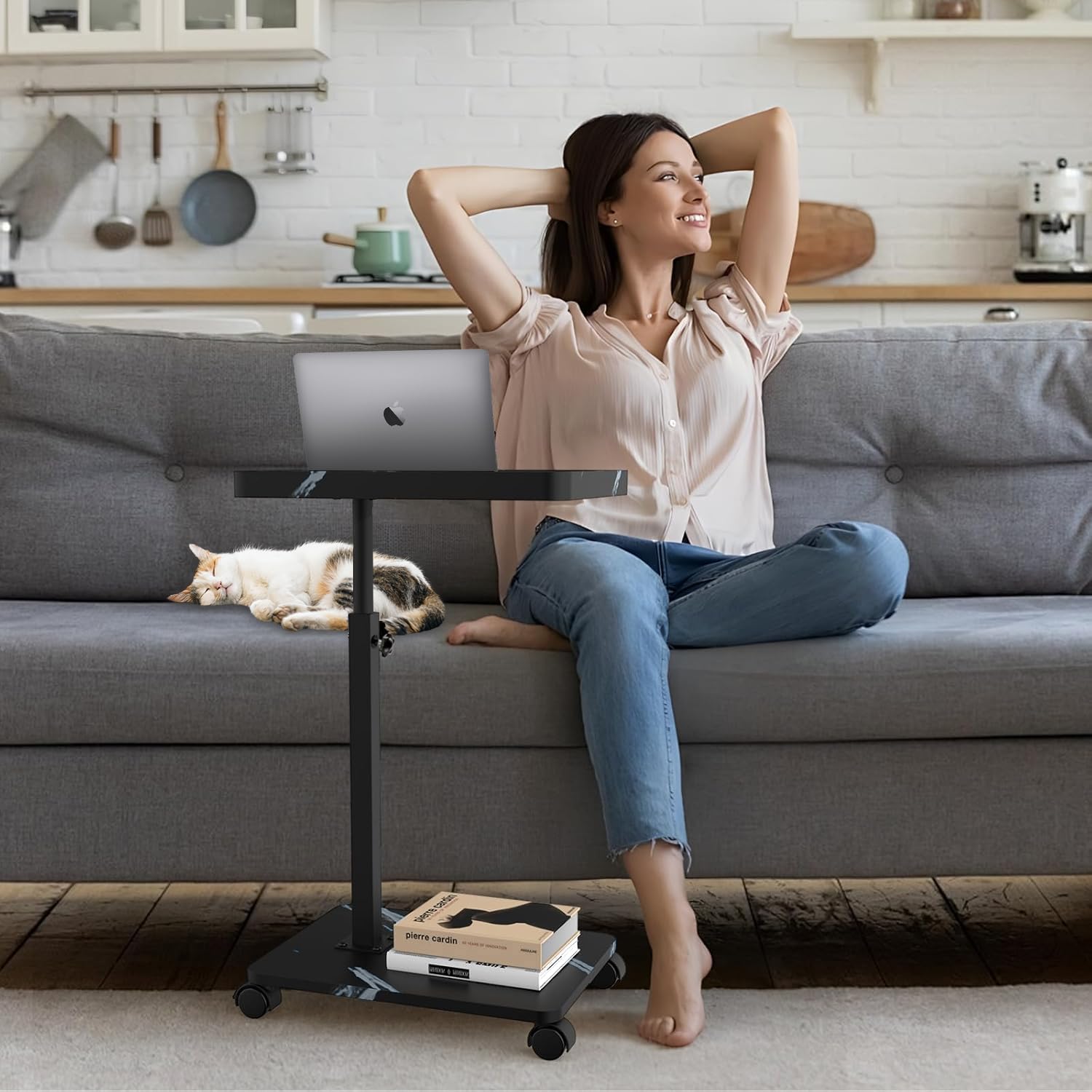 Adjustable C Shaped Side Table, C Table End Table with Wheels for Sofa, 360° Swivel Sofa Table for Livingroom,Bedroom,Study and Small Spaces (Marble Black White)