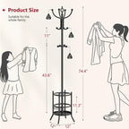 Tajsoon Coat Rack Stand with Umbrella Holder, Coat Tree Freestanding with 16 Hooks, Coat Hangers Stand for Living Room, Bedroom, Office, Black