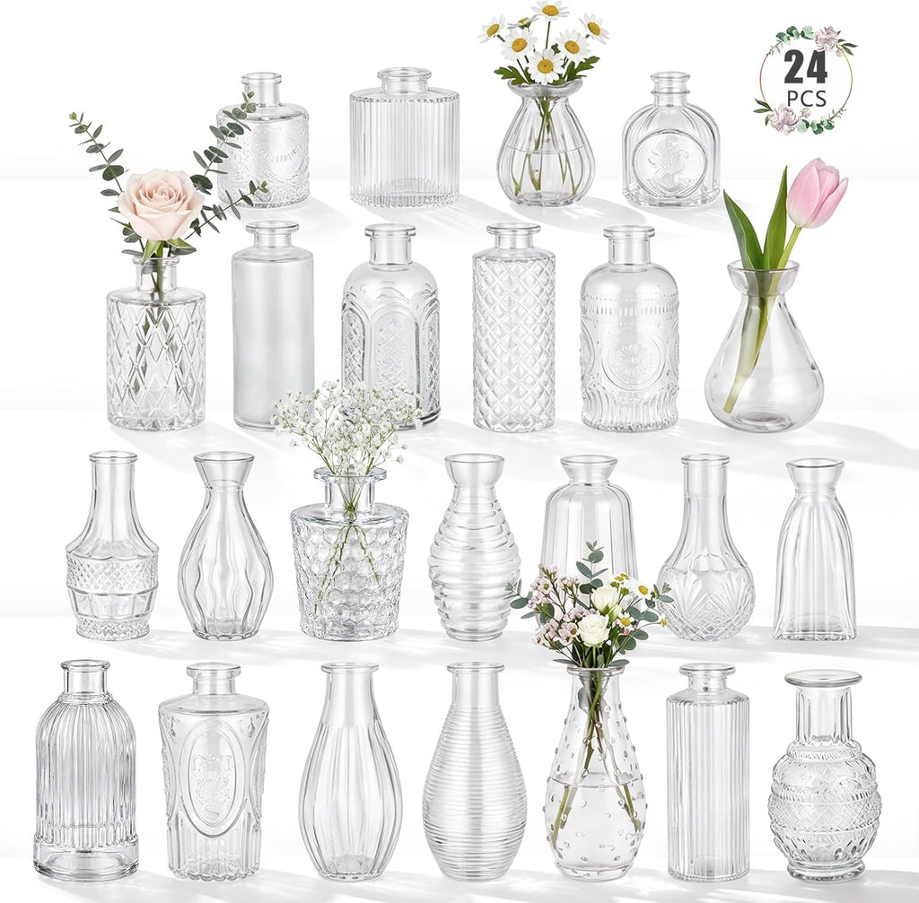 24 Pack Glass Bud Vase in Bulk - BEAHOT Clear Flower Vases for Wedding Decorations, Mini Vase for Centerpiece Table Decorations, Small Boho Vase for Home, Wedding Decor, Mother's Day, Party, Office