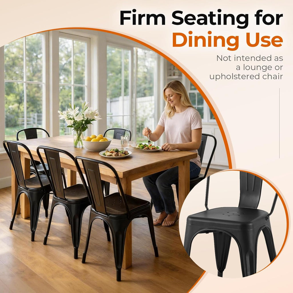 Metal Dining Chairs Set of 2 Iron Stackable Indoor Metal Chair,Easy Clean,Industrial/Kitchen Dining Room/Apartment/Matte Midnight Black