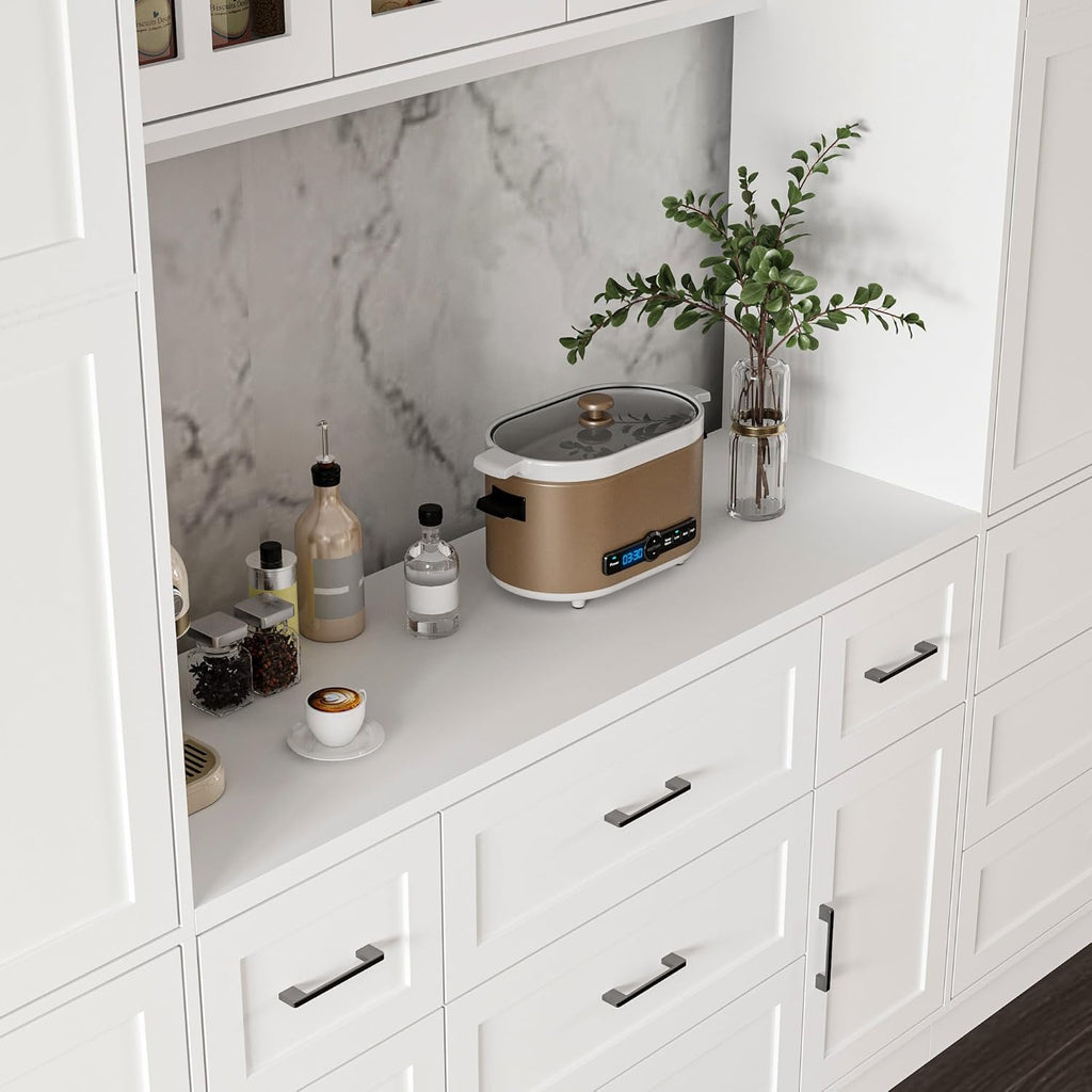 ECACAD 110.2" W Kitchen Pantry with Glass Doors & Open Countertop, Large Cupboard Storage Cabinet with Adjustable Shelves & 11 Drawers for Living Room, Dining Room, White