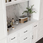 ECACAD 110.2" W Kitchen Pantry with Glass Doors & Open Countertop, Large Cupboard Storage Cabinet with Adjustable Shelves & 11 Drawers for Living Room, Dining Room, White