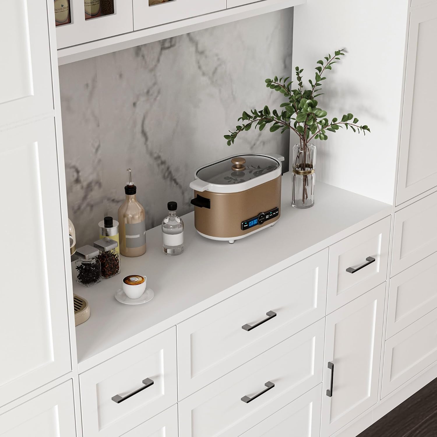 ECACAD 110.2" W Kitchen Pantry with Glass Doors & Open Countertop, Large Cupboard Storage Cabinet with Adjustable Shelves & 11 Drawers for Living Room, Dining Room, White