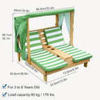 Kids Chaise Lounge Chair Outdoor, Toddler Wood Double Pool Lounger Chairs w/Canopy, Cup Holders, Removable Stripped Fabric Cushions, for Lawn, Pool, Garden, and Yard(Light Blue)