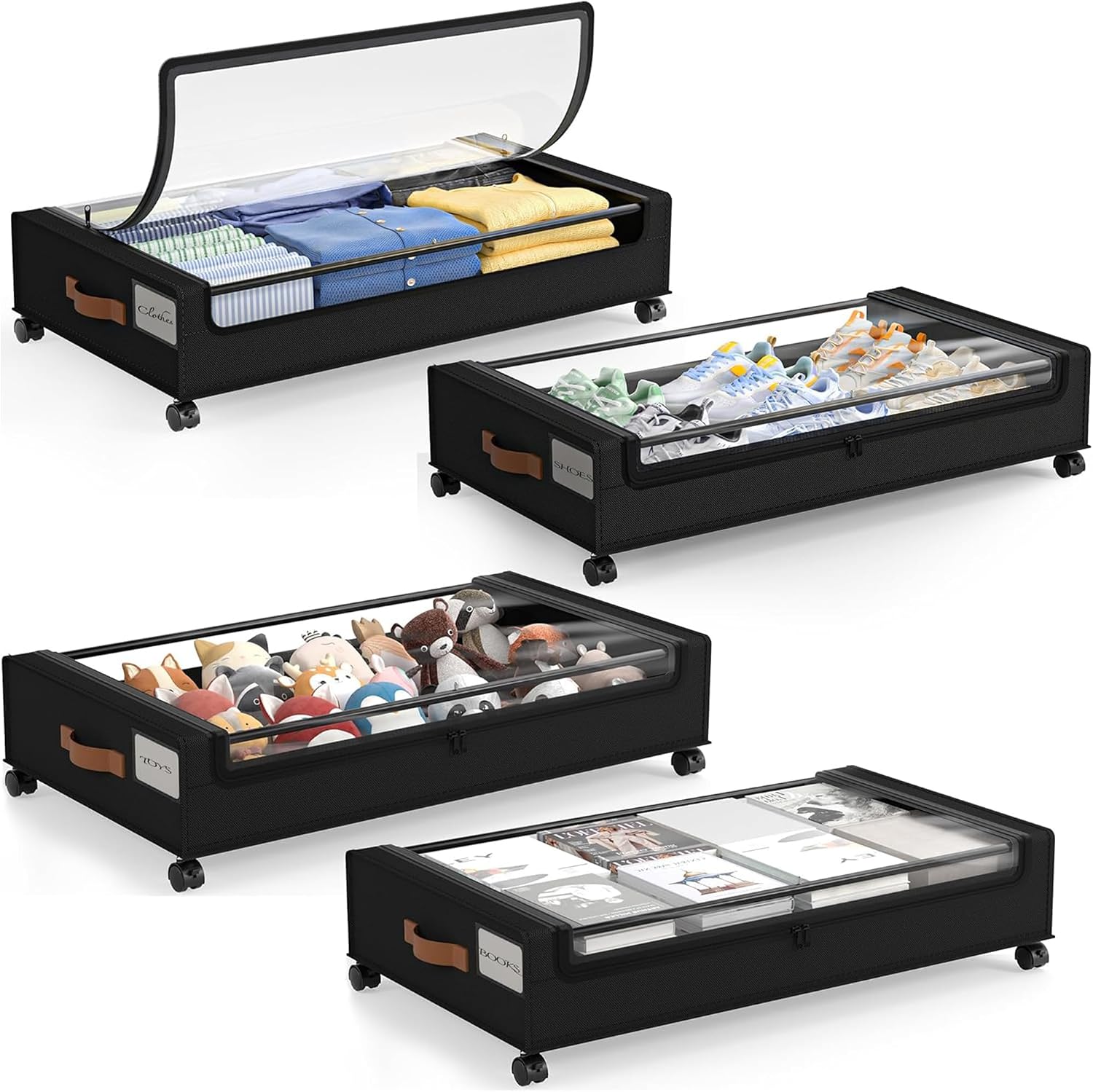 LAMU Under Bed Storage with Wheels, 4 Pack Under Bed Storage Containers with Clear Lid, XXL 60 L Underbed Storage Bins, Rolling Under Bed Metal Drawers for Clothes, Blankets, Shoes, Black