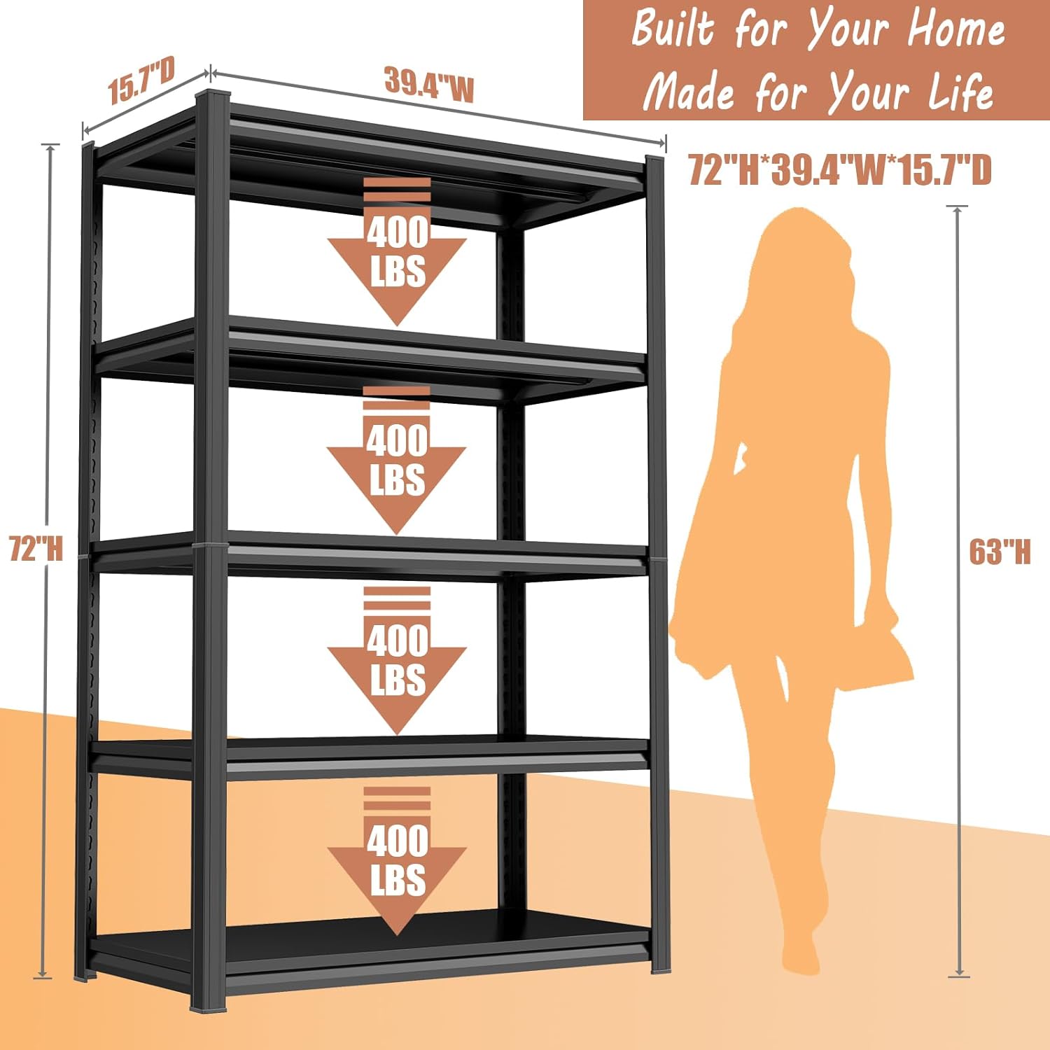 5-Tier Kitchen Storage Shelves, 2500LBS Heavy Duty Garage Metal Shelving Unit, 72" H Adjustable Pantry shelves, Industrial Storage Rack, Microwave Stand & Bakers Rack for Home Office, Garage - Black