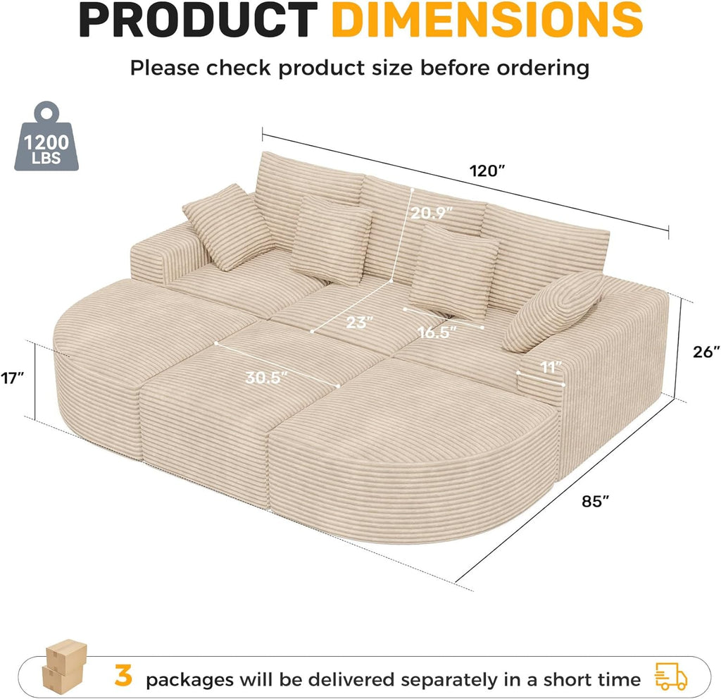 120" Oversized Round Sofa Bed, Modular Sectional Cloud Couches for Living Room, Convertible Corduroy Boneless Couch Sleeper Sofa Set, No Assembly Required, Khaki 1 PCS