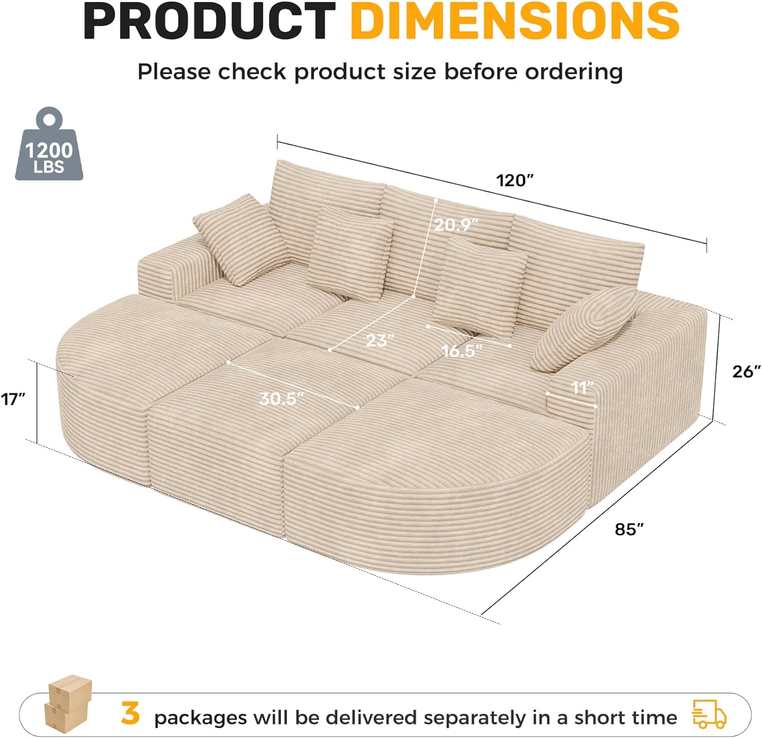 120" Oversized Round Sofa Bed, Modular Sectional Cloud Couches for Living Room, Convertible Corduroy Boneless Couch Sleeper Sofa Set, No Assembly Required, Khaki 1 PCS
