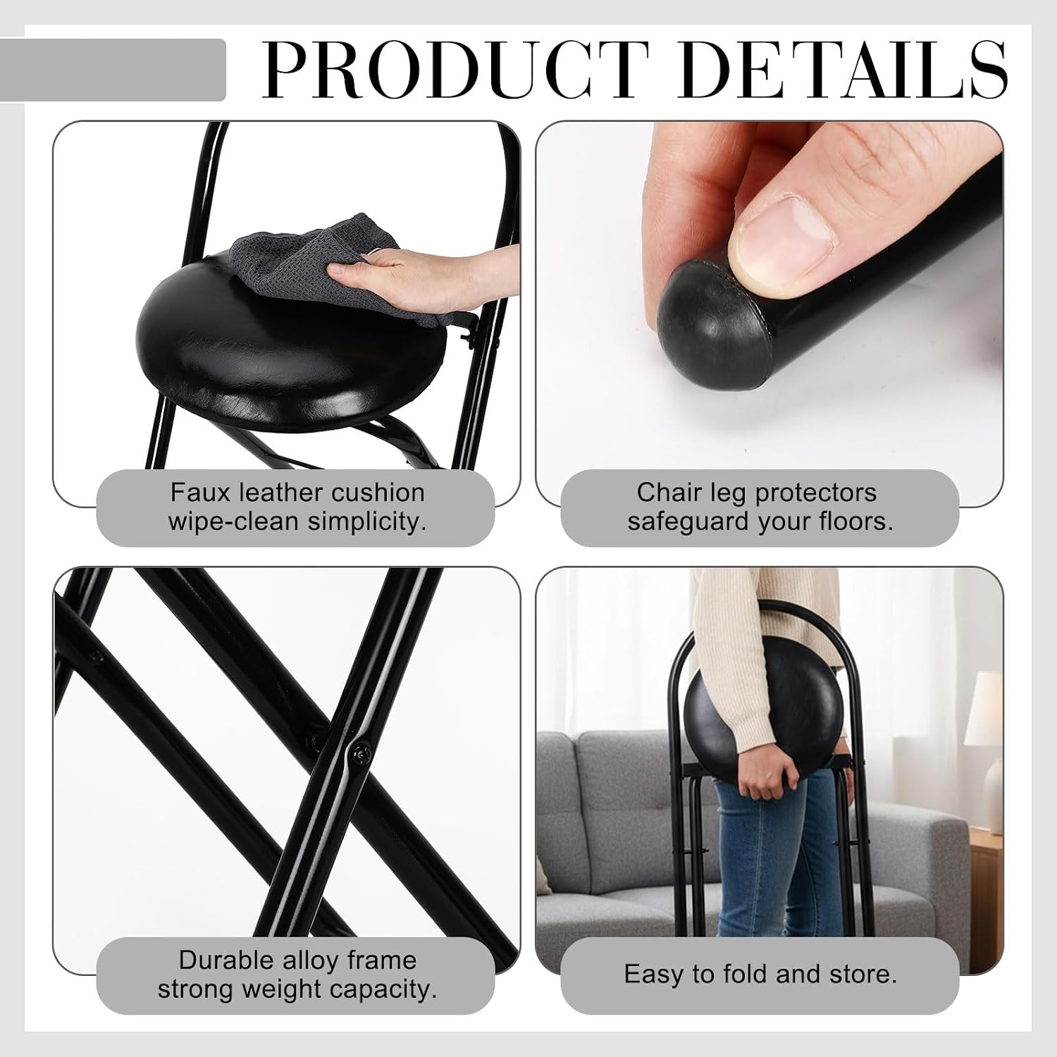 CroBlissful 4 Pcs 24 Inch Folding Bar Stool with Backrest, Leather Padded Folding Stools for Adults up to 350lbs, Collapsible Round Counter Height Stool Chair for Camping Kitchen Shop Cafe (Black)