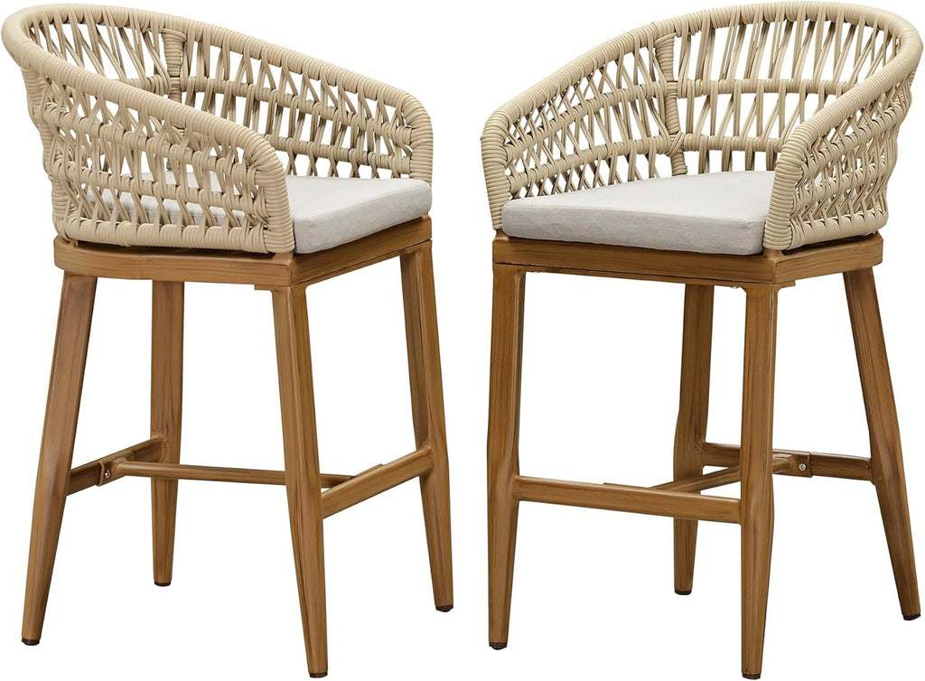 PURPLE LEAF Outdoor Rattan 24" Counter Height Bar Stools Chair Set of 2, Modern Upholstered Patio Bar Stool with Backrest for Indoor and Outdoor, Kitchen Island, Teak