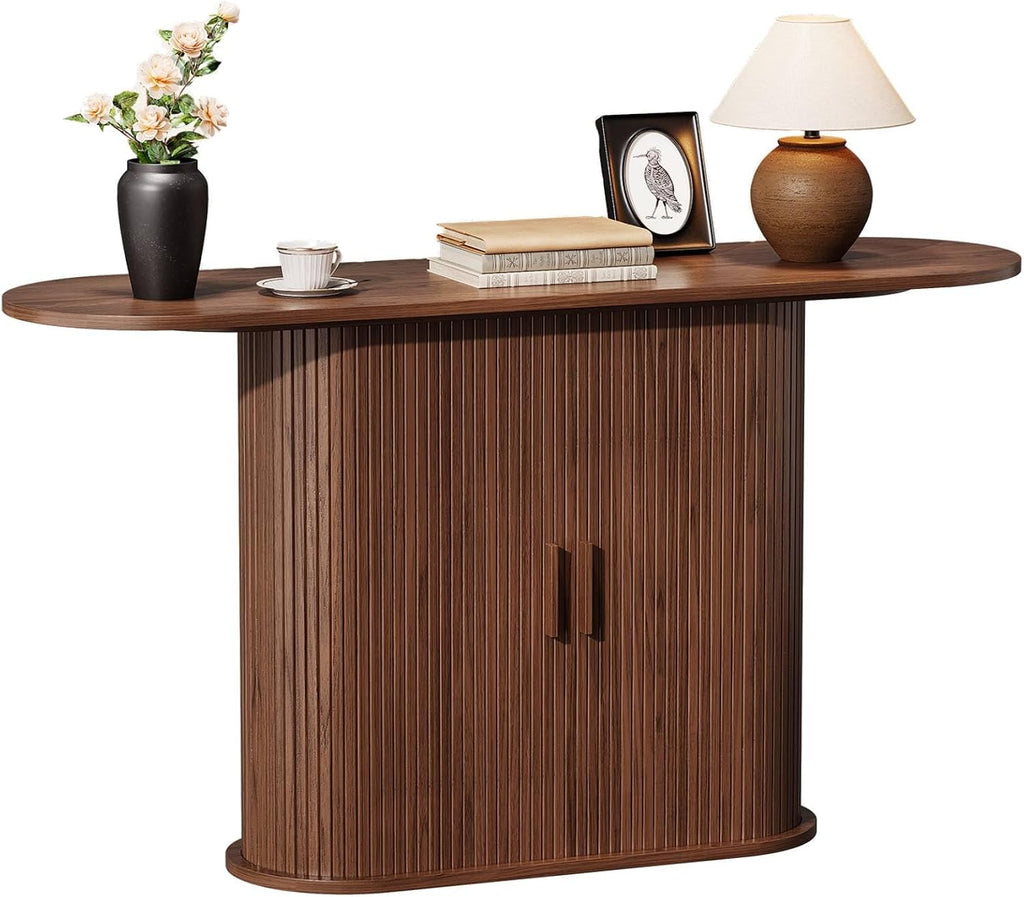 55 Inch Console Table with Storage, Fluted Entryway Tables with Sliding Doors, Sofa Table Behind The Couch, Hallway Tables, Mid-Century Modern Foyer Table for Entryway, Hallway, Living Room, Walnut