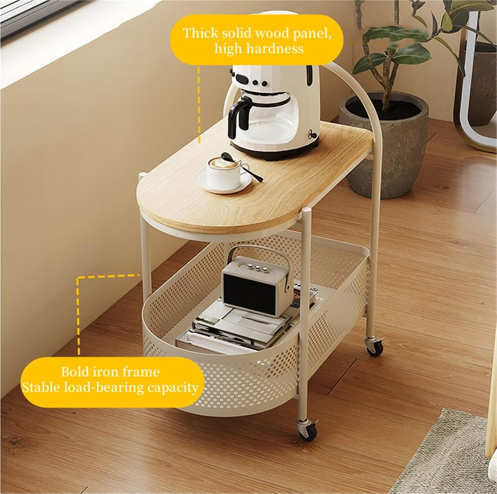 Sofa Side Table with Wheels Coffee Storage Cart Movable End Table with Storage Basket Iron Frame Small Coffee Tables for Living Room Multi Scenario Use(White)